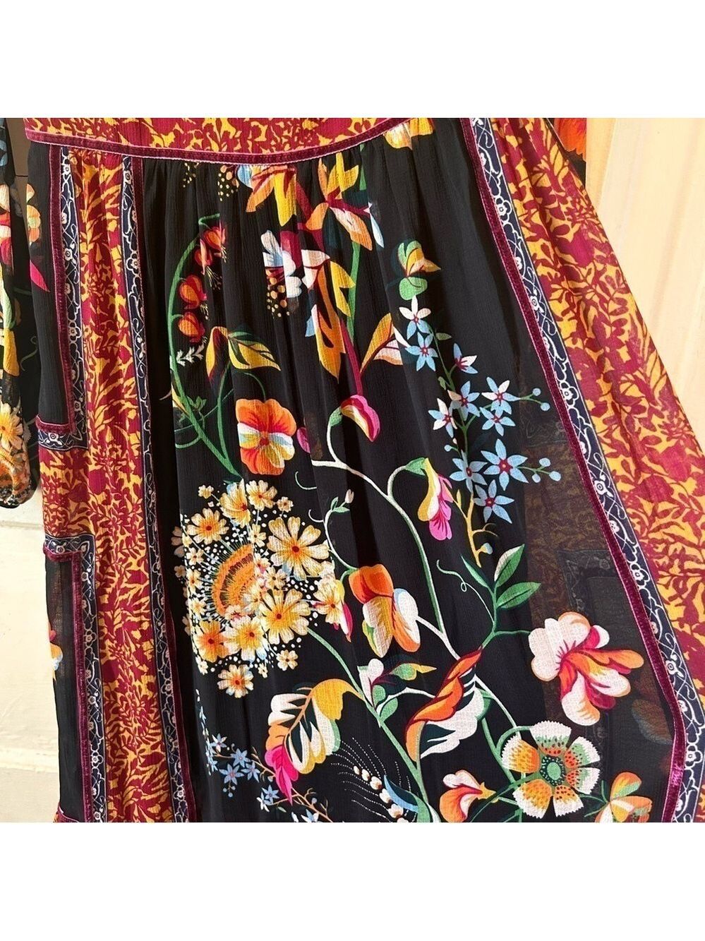 NEW Anthropologie Black Motif Boho Floral Velvet Trim Midi Dress Sz OUS Lined - Picture 10 of 14